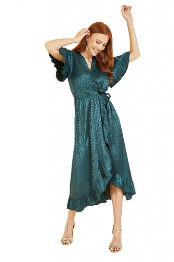 Green Jacquard Leopard Print Wrap Midi Dress Mela London
